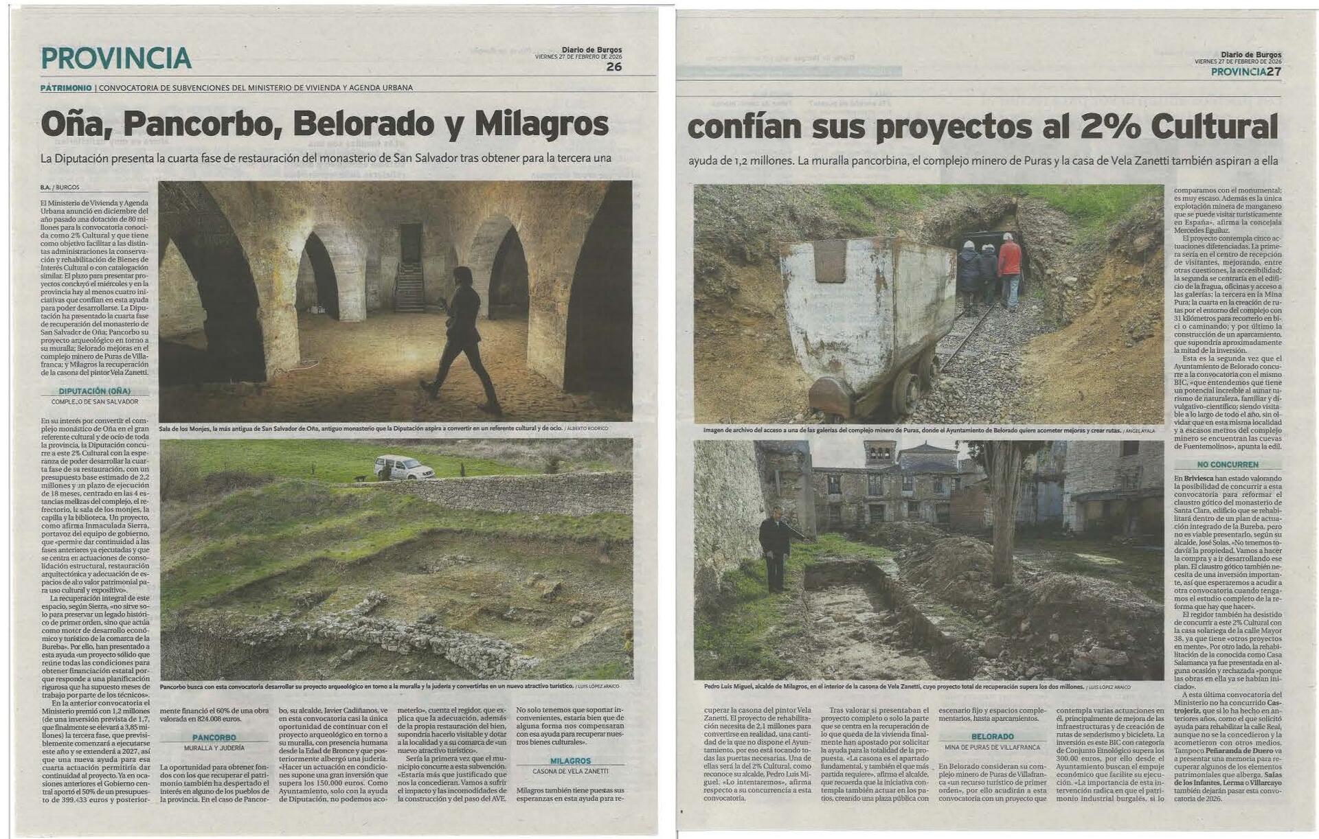Oña, Pancorbo, Belorado y Milagros confían sus proyectos al 2% Cultural